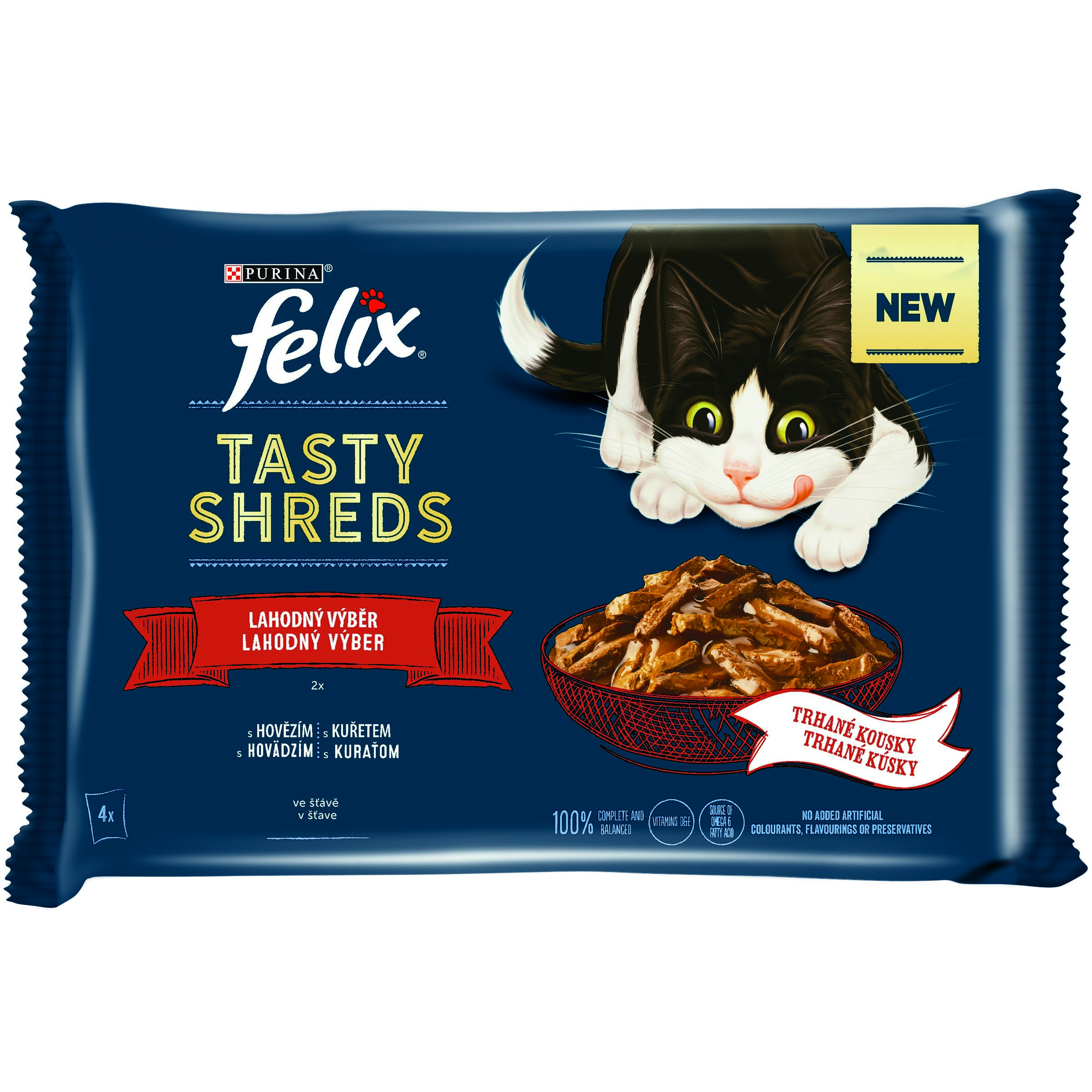 Purina Kapsička FELIX TASTY SHREDS Multipack hovězí a kuře ve šťávě 4 x 80 g