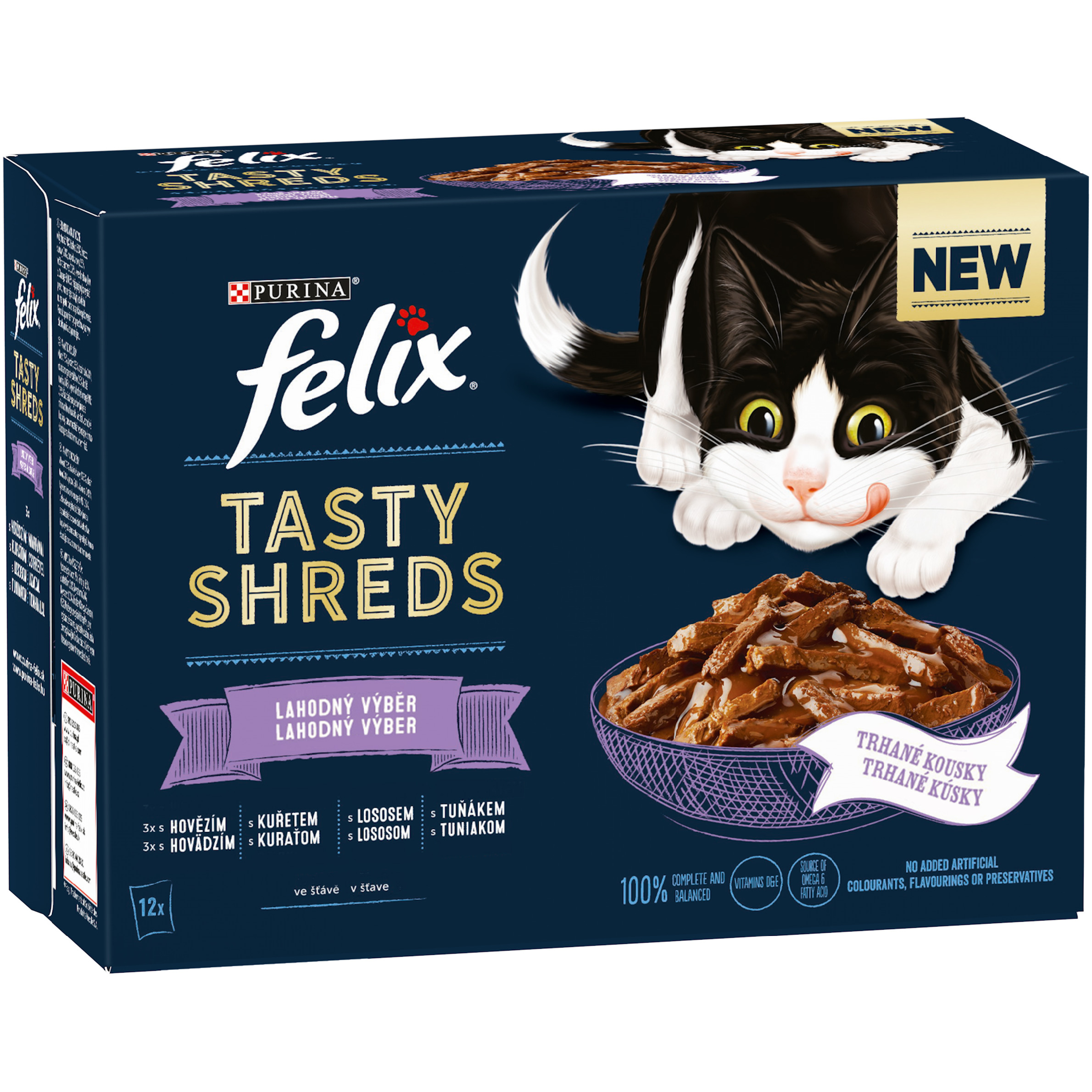 Purina Kapsička Felix Tasty Shreds Multipack hovězí, kuře, losos, tuňák ve šťávě 12 x 80 g