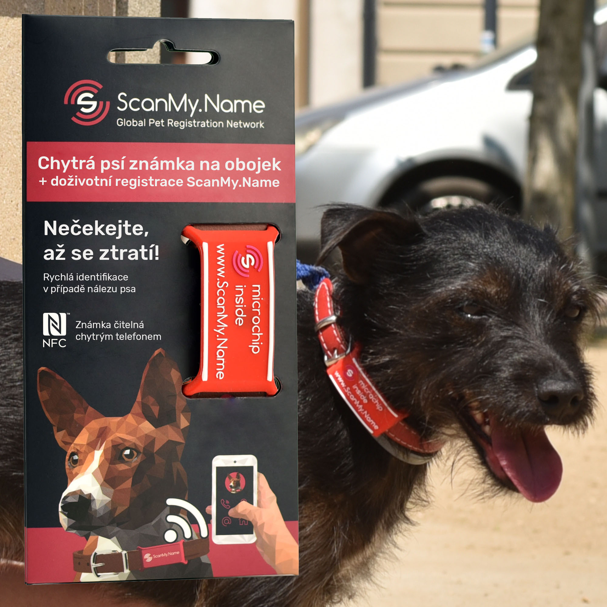 ScanMy.Name chytrá psí známka s čipem - Červená