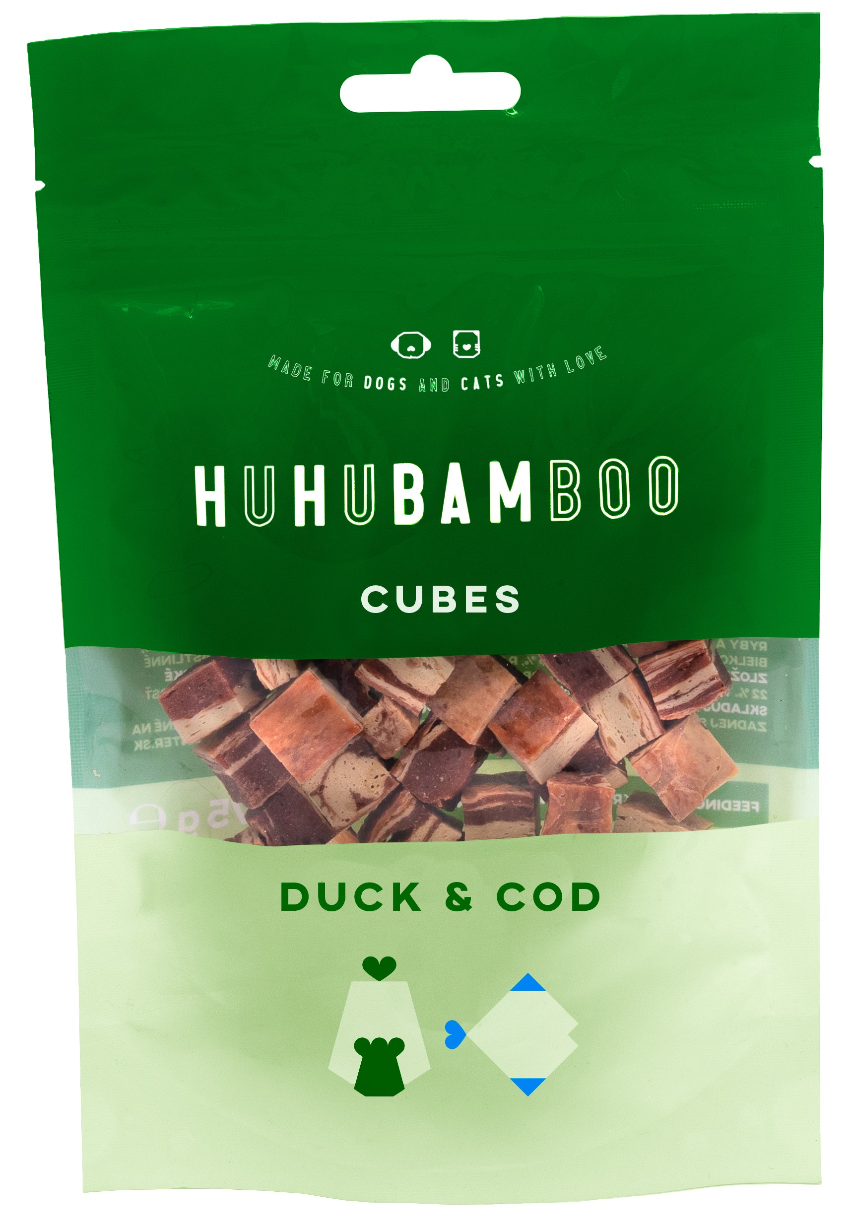 Huhubamboo kostky s kachním a treskou 75g