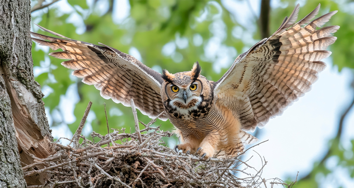 Sova s roztiahnutými krídlami prilieta do hniezda na strome.