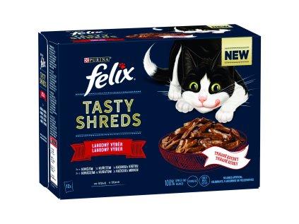 Kapsička FELIX TASTY SHREDS Multipack hovadzie, kuracie, kačacie, morka v šřave 12x 80 g