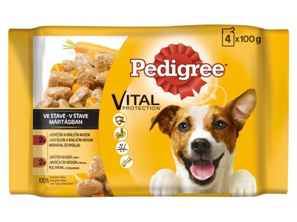 PEDIGREE vrecko 4 pack v ŠŤAVE: s hovädzím a jahňacím & morčacie s mrkvou & s hovädzím a králičím & morčacie s mrkvou 400 g
