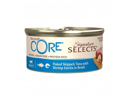 Wellness CORE Signature Selects Flaked tuniak pruhovaný s krevetami vo vývare 79 g