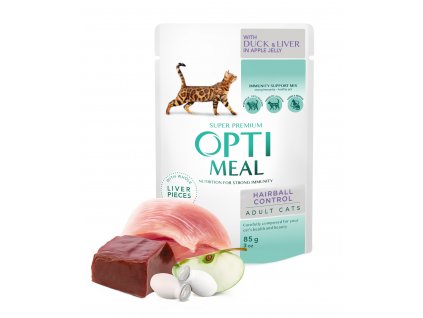 OPTIMEAL™ Kompletní konzervované krmivo pro dospělé kočky odstranění z trávicího traktu, s kachním a plátky jater v jablečném želé chomáčů chlupů