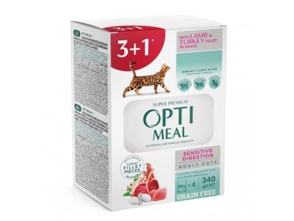 OPTIMEAL™ Bezobilné  kompletní konzervované krmivo pro dospělé kočky s citlivým trávením jehněčí maso a krůtí filé (3+1)