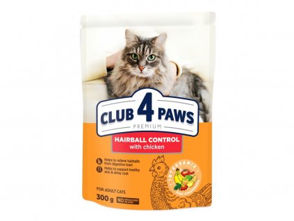 CLUB 4 PAWS «ODSTRANĚNÍ CHOMÁČŮ CHLUPŮ z trávicího traktu». Suché krmivo pro dospělé kočky