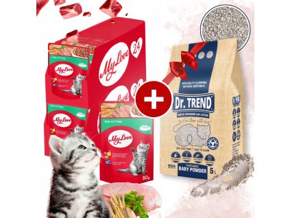 MY LOVE mokre krmivo pro kotata 48x80 g Stelivo bentonit Dr Trend 5 L BONUS