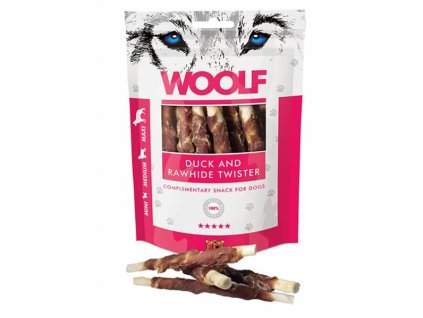 Pamlsok Woolf Dog Duck and Rawhide Twister 100g