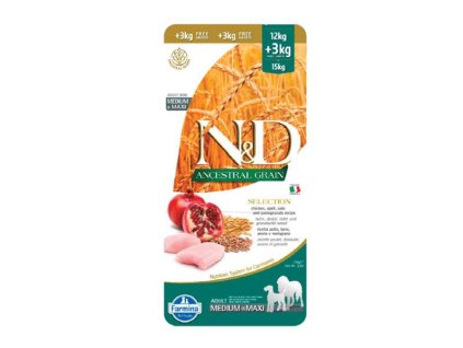 Farmina N&D dog AG SELECTION adult medium & maxi, chicken, spelt, oats & pomegranate 12 kg + 3 kg