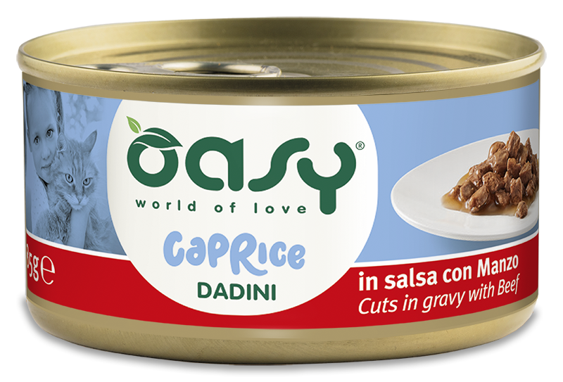 Oasy Caprice Cuts in Gravy with Beef – kapsička pre mačky 85 g – transparentné oficiálne balenie
