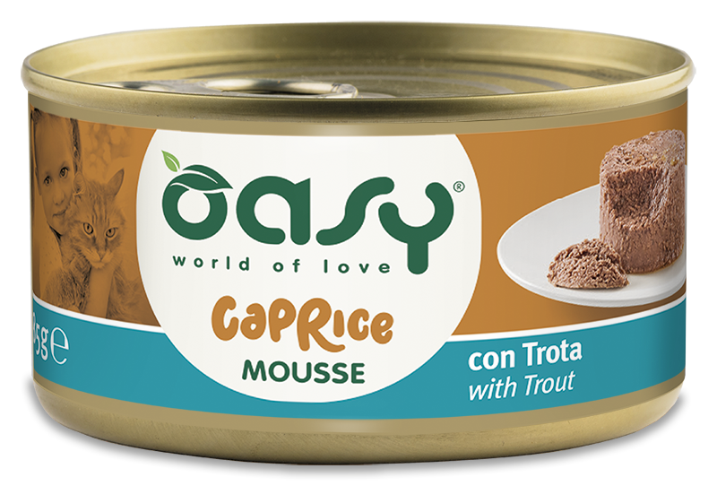 Oasy Caprice Mousse with Trout – vanička pre mačky 85 g – transparentné oficiálne balenie