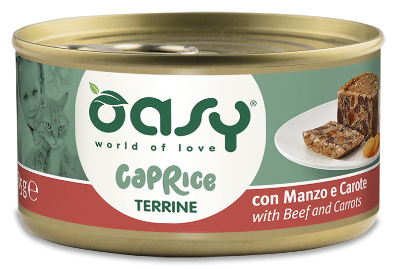Oasy Caprice Terrine with Beef and Carrots – vanička pre mačky 85 g – transparentné oficiálne balenie