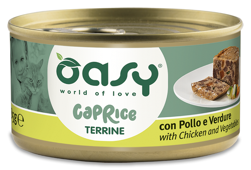 Oasy Caprice Terrine with Chicken and Vegetables – vanička pre mačky 85 g – transparentné oficiálne balenie