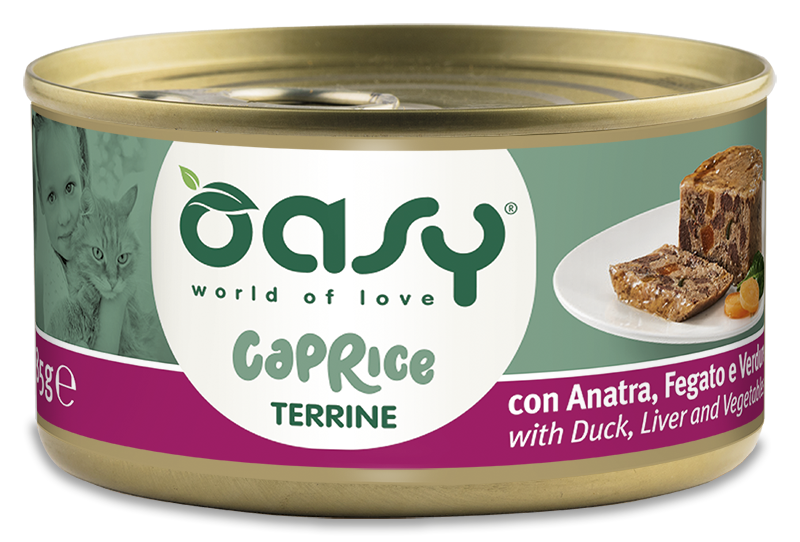 Oasy Caprice Terrine with Duck, Liver and Vegetables – vanička pre mačky 85 g – transparentné oficiálne balenie