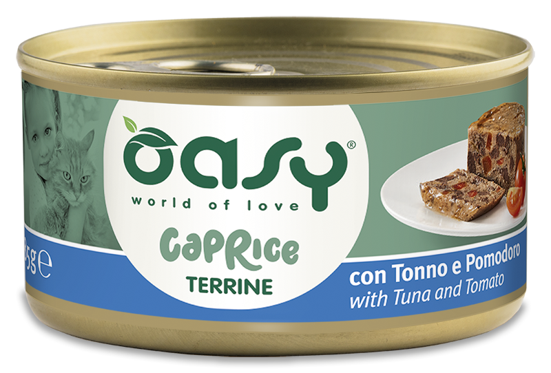 Oasy Caprice Terrine with Tuna and Tomato – vanička pre mačky 85 g – transparentné oficiálne balenie