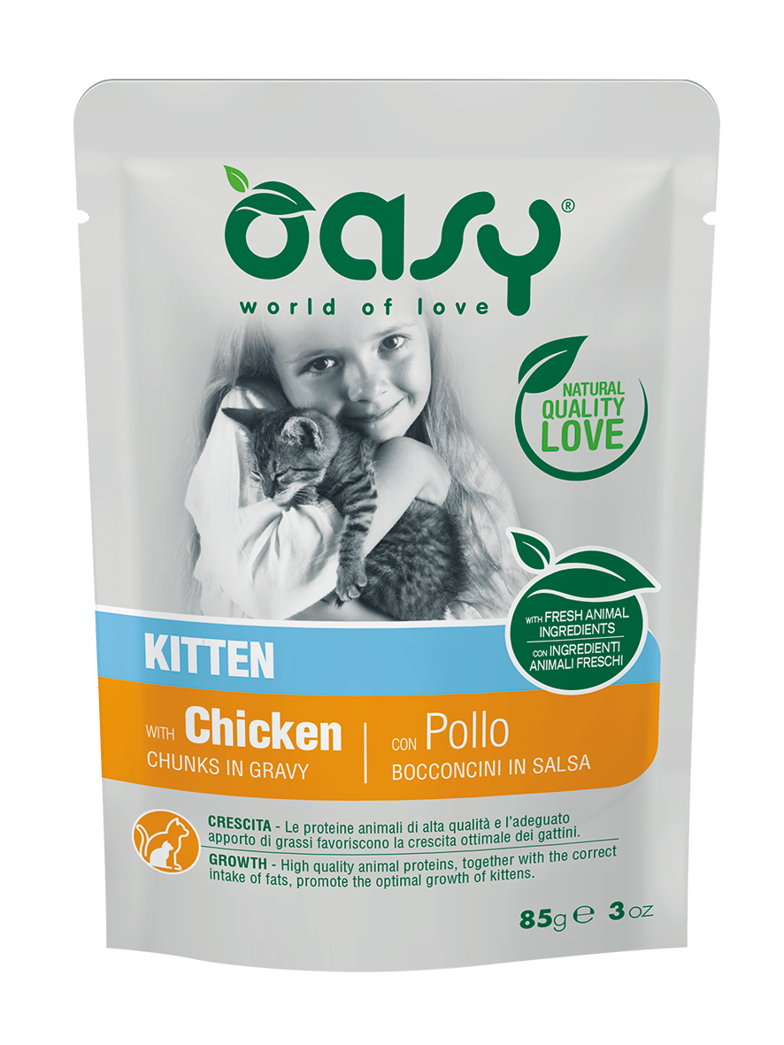 Oasy Chunks in gravy Kitten with Chicken – kapsička pre mačiatka 85 g – transparentné oficiálne balenie