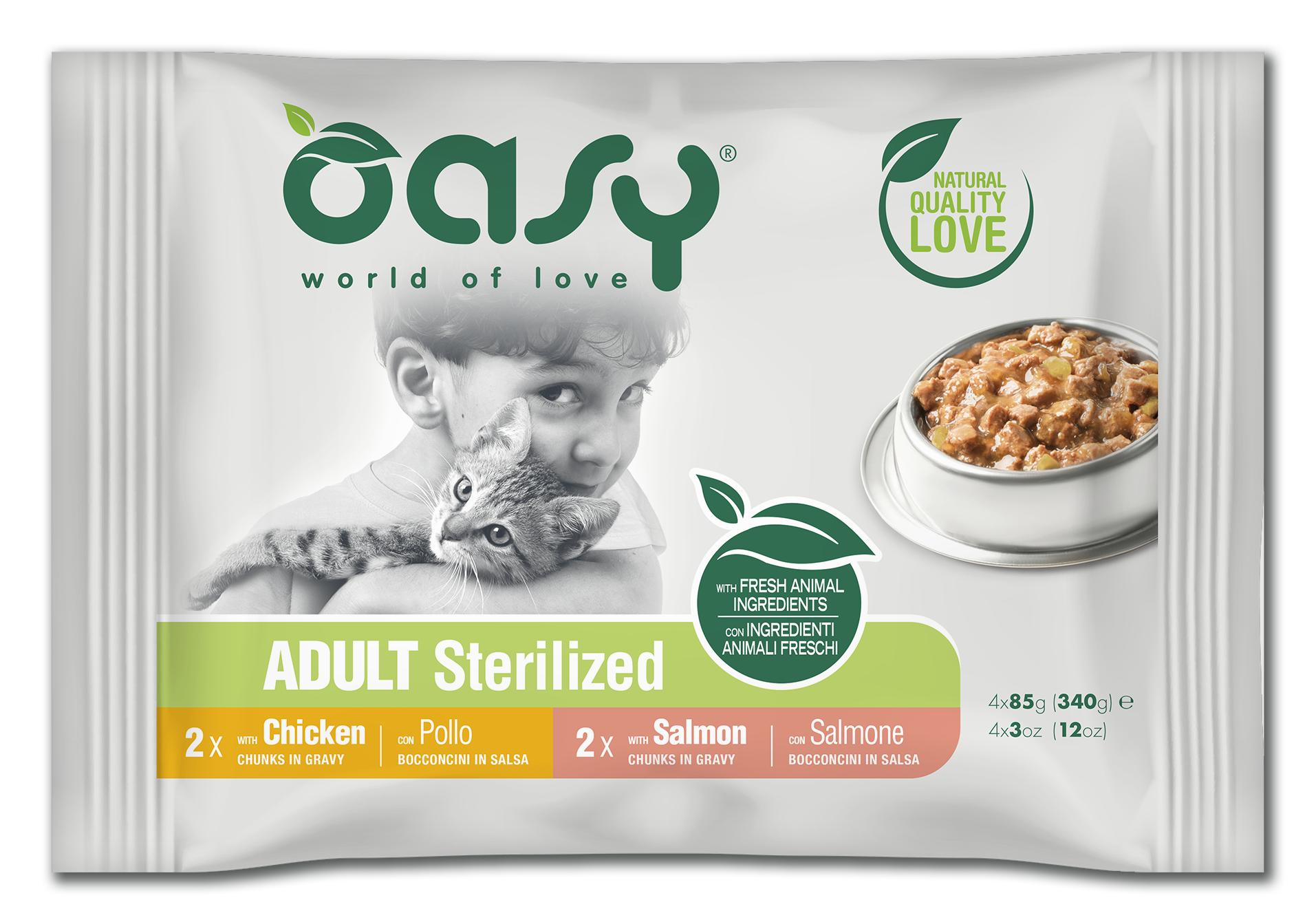 Oasy Chunks in gravy Multipack Sterilized Selection 4x85g – kapsička pre mačky 340 g – transparentné oficiálne balenie