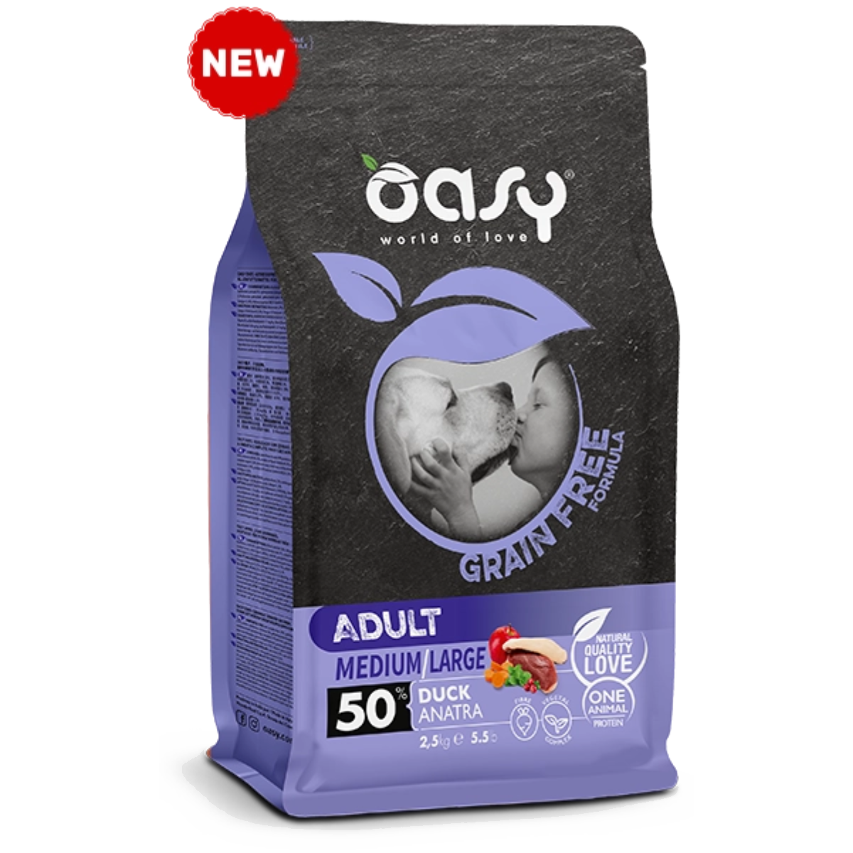 Oasy Grain Free Adult Medium/Large Duck – granule pre psy – transparentné oficiálne balenie