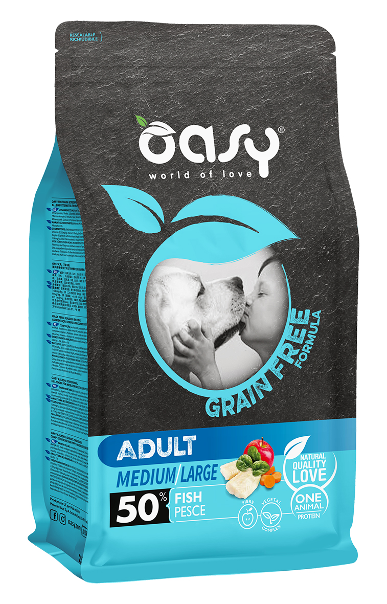 Oasy Grain free Adult Medium/Large Fish – granule pre psy – transparentné oficiálne balenie