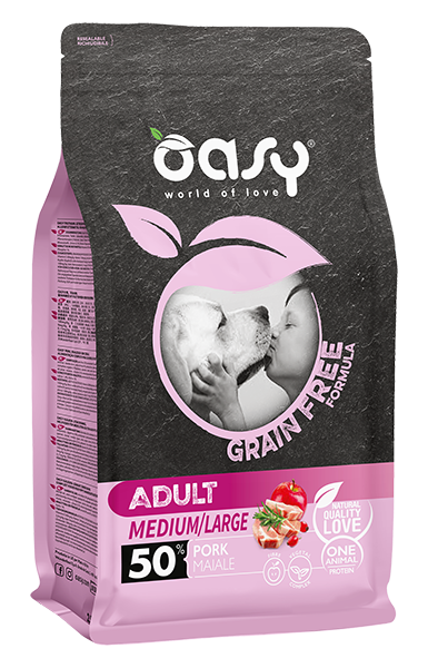 Oasy Grain Free Adult Medium/Large Pork – granule pre psy – transparentné oficiálne balenie