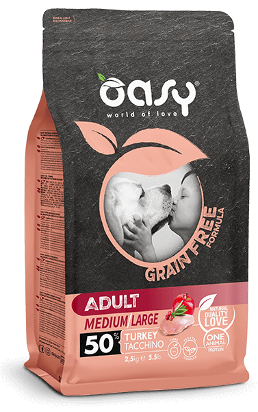 Oasy Grain free Adult Medium/Large Turkey – granule pre psy – transparentné oficiálne balenie