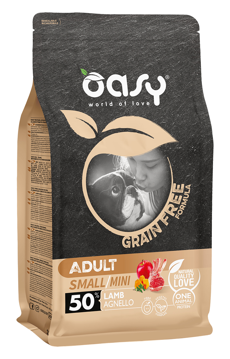 Oasy Grain free Adult Small/Mini Lamb – granule pre psy 2,5 kg – transparentné oficiálne balenie