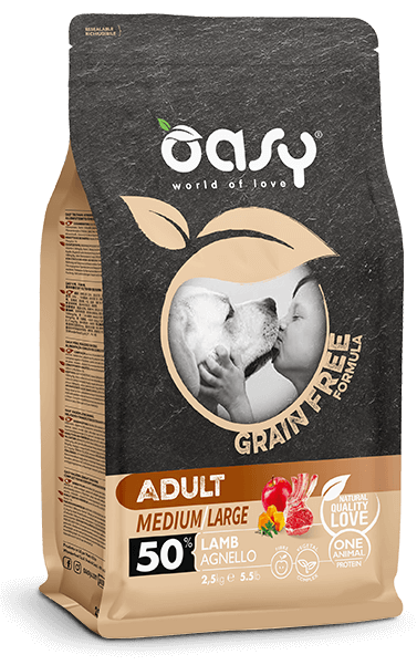 Oasy GRAIN FREE FORMULA Adult Medium/Large Lamb – granule pre psy 2,5 kg – transparentné oficiálne balenie