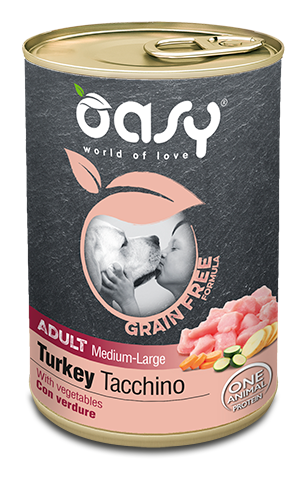 Oasy Grain free formula Adult Medium/Large Turkey with Vegetables – granule pre psy 400 g – transparentné oficiálne balenie