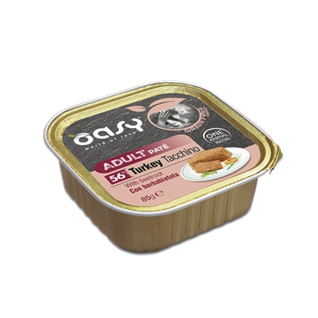 Oasy Grain Free Formula Paté Adult Turkey with Beetroot – vanička pre psy 85 g – transparentné oficiálne balenie