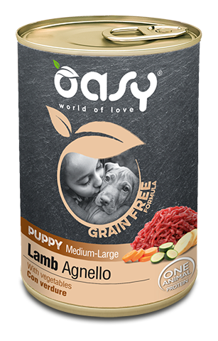 Oasy Grain free formula Puppy Medium/Large Lamb with Vegetables – granule pre šteňatá 400 g – transparentné oficiálne balenie