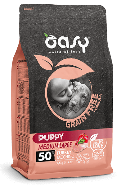Oasy Grain free Puppy Medium/Large Turkey – granule pre šteňatá – transparentné oficiálne balenie