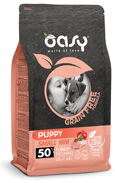 Oasy Grain free Puppy Small/Mini Turkey – granule pre šteňatá 2,5 kg – transparentné oficiálne balenie