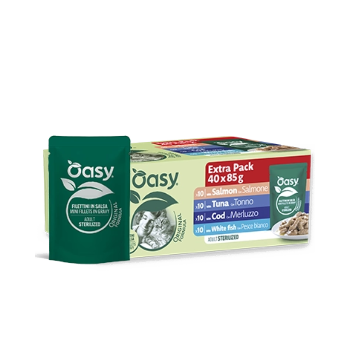 Oasy Mini fillets in gravy Multipack Original Formula Sterilized Fish Selection 40x85g – kapsička pre mačky 3,4 kg – transparentné oficiálne balenie