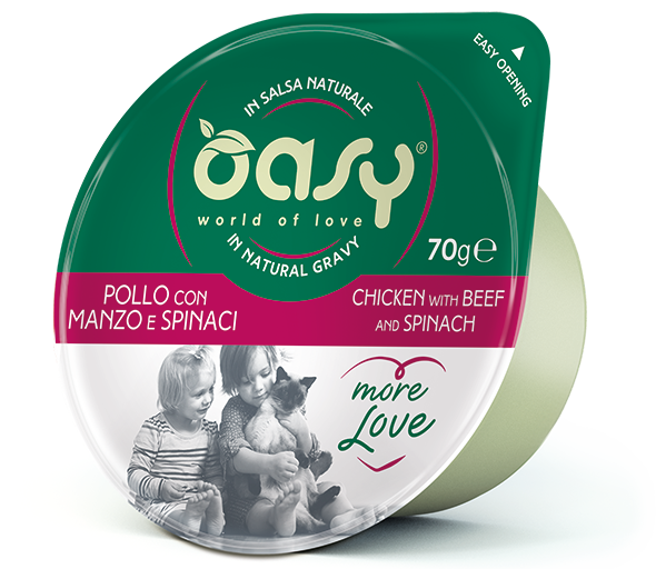 Oasy More Love Cup Chicken with Beef and Spinach – vanička pre mačky 70 g – transparentné oficiálne balenie