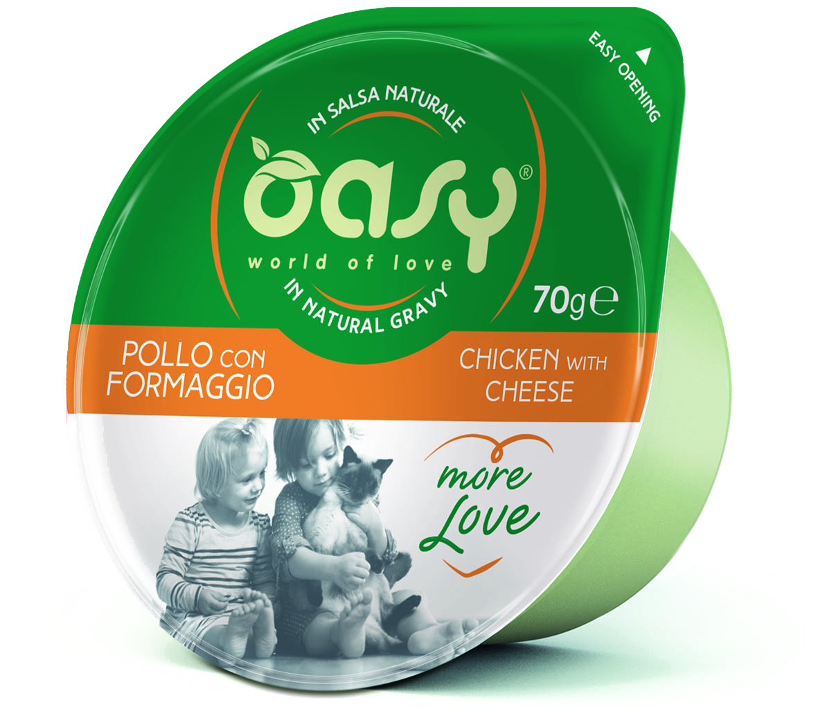 Oasy More Love Cup Chicken with Cheese – vanička pre mačky 70 g – transparentné oficiálne balenie