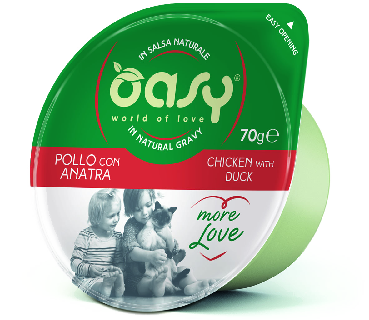 Oasy More Love Cup Chicken with Duck – vanička pre mačky 70 g – transparentné oficiálne balenie