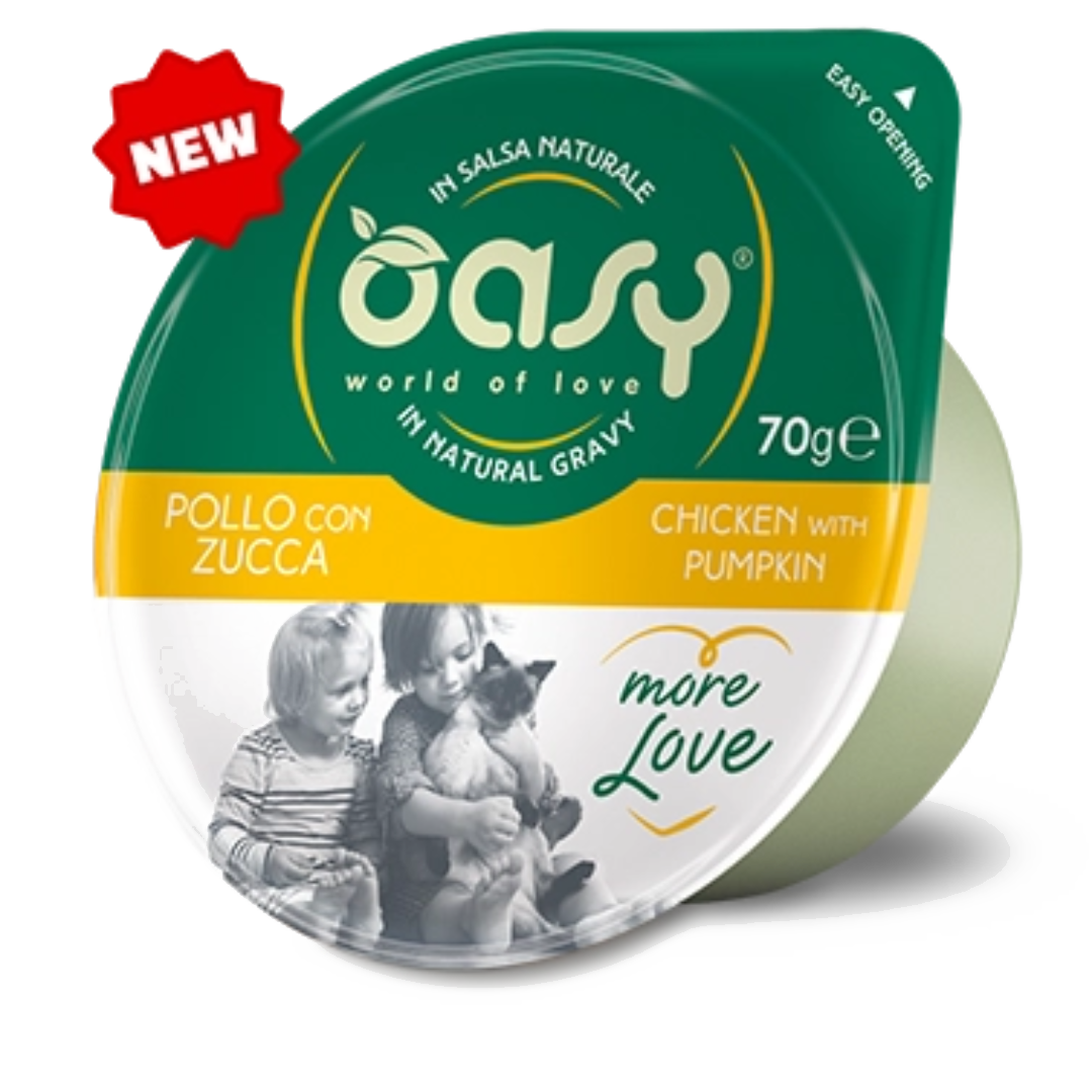 Oasy More Love Cup Chicken with Pumpkin – vanička pre mačky 70 g – transparentné oficiálne balenie