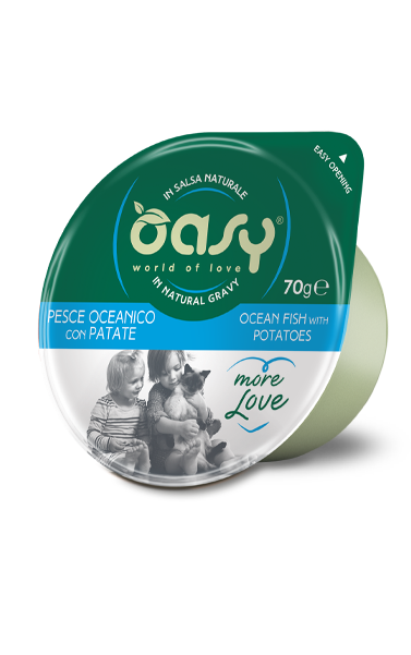 Oasy More Love Cup Ocean Fish with Potatoes – vanička pre mačky 70 g – transparentné oficiálne balenie