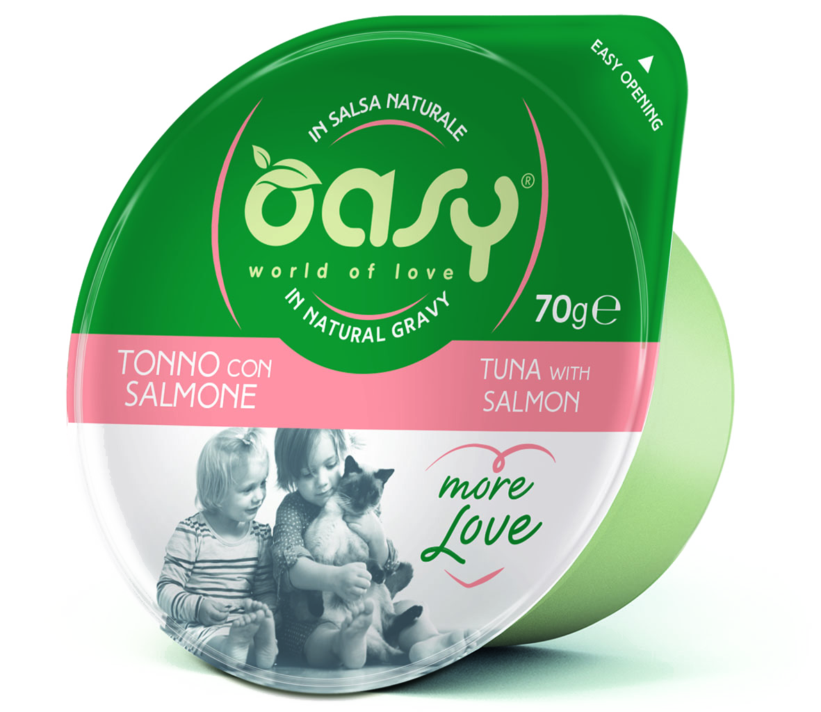 Oasy More Love Cup Tuna with Salmon – vanička pre mačky 70 g – transparentné oficiálne balenie