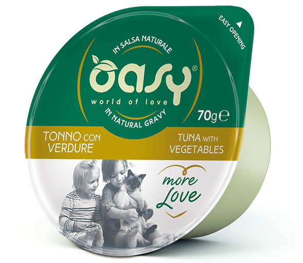 Oasy More Love Cup Tuna with Vegetables – vanička pre mačky 70 g – transparentné oficiálne balenie
