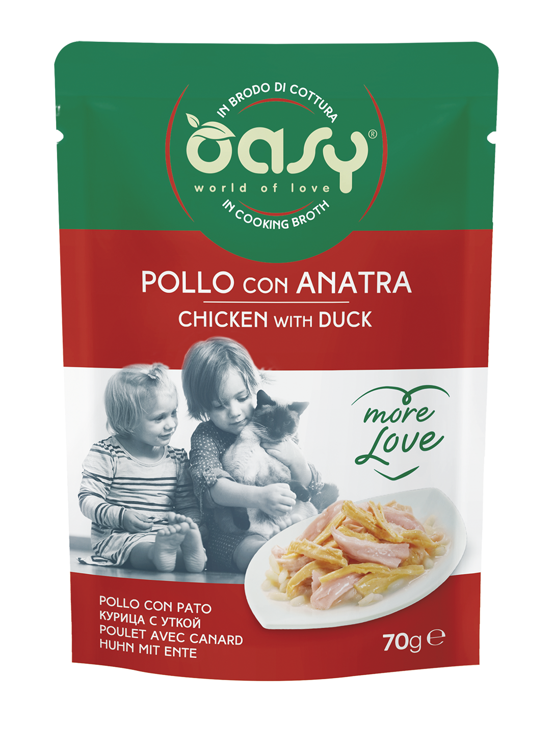 Oasy More Love Kapsička Chicken with Duck – kapsička pre mačky 70 g – transparentné oficiálne balenie
