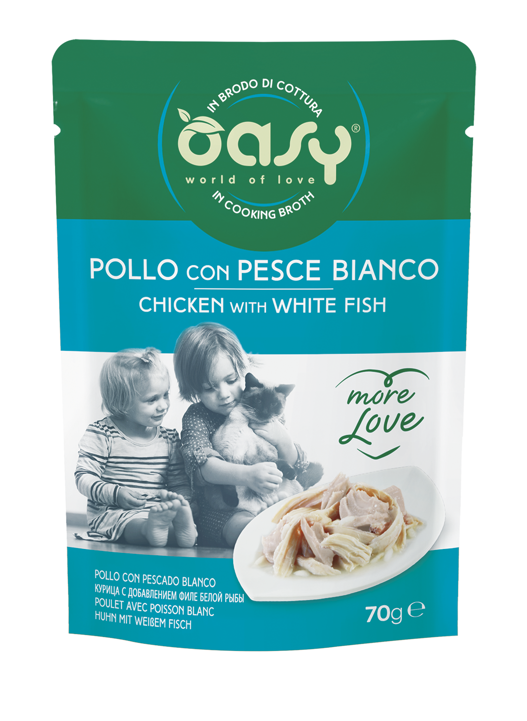 Oasy More Love Kapsička Chicken with White Fish – kapsička pre mačky 70 g – transparentné oficiálne balenie