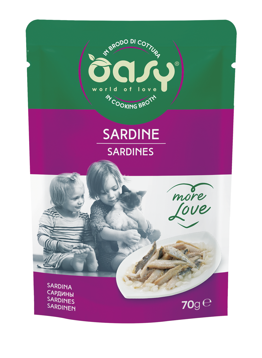 Oasy More Love Kapsička Sardine – kapsička pre mačky 70 g – transparentné oficiálne balenie