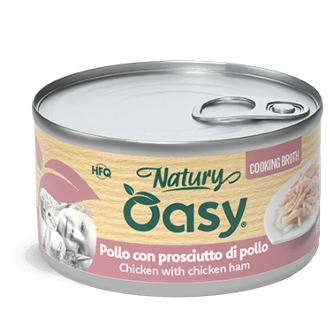 Oasy Natury Cooking Broth Chicken with chicken ham – kapsička pre mačky 85 g – transparentné oficiálne balenie
