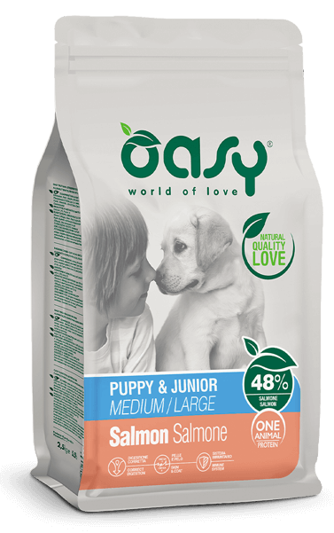 Oasy One animal protein Puppy & Junior Medium/Large Salmon – granule pre šteňatá – transparentné oficiálne balenie