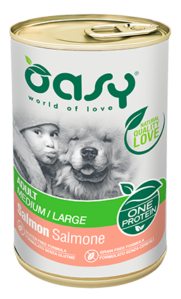 Oasy One protein Adult Medium/Large Salmon – granule pre psy 400 g – transparentné oficiálne balenie