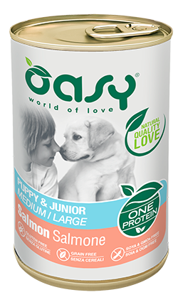 Oasy One protein Puppy & Junior Medium/Large Salmon – granule pre šteňatá 400 g – transparentné oficiálne balenie