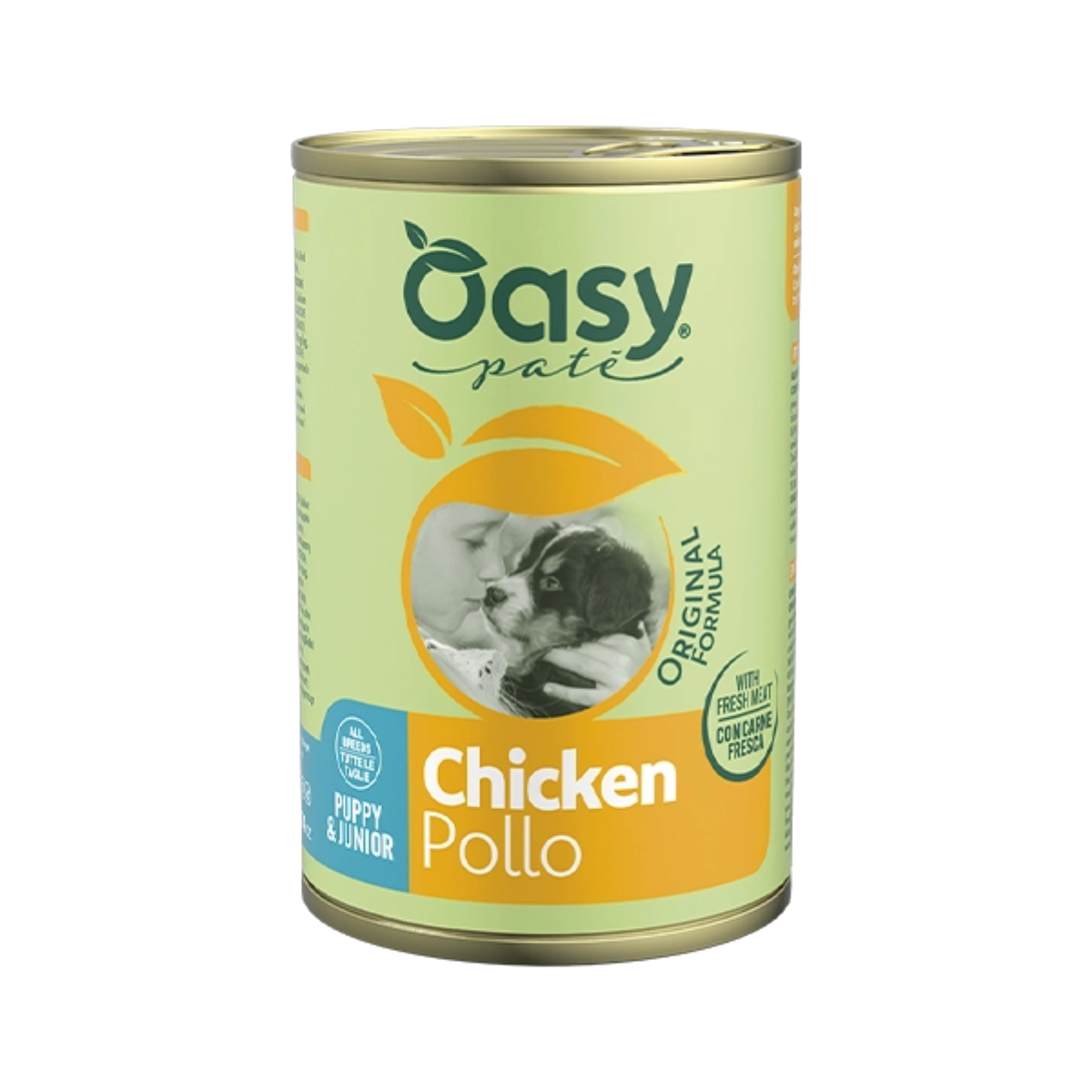 Oasy Original Formula Puppy & Junior Chicken Paté – konzerva pre šteňatá 400 g – transparentné oficiálne balenie