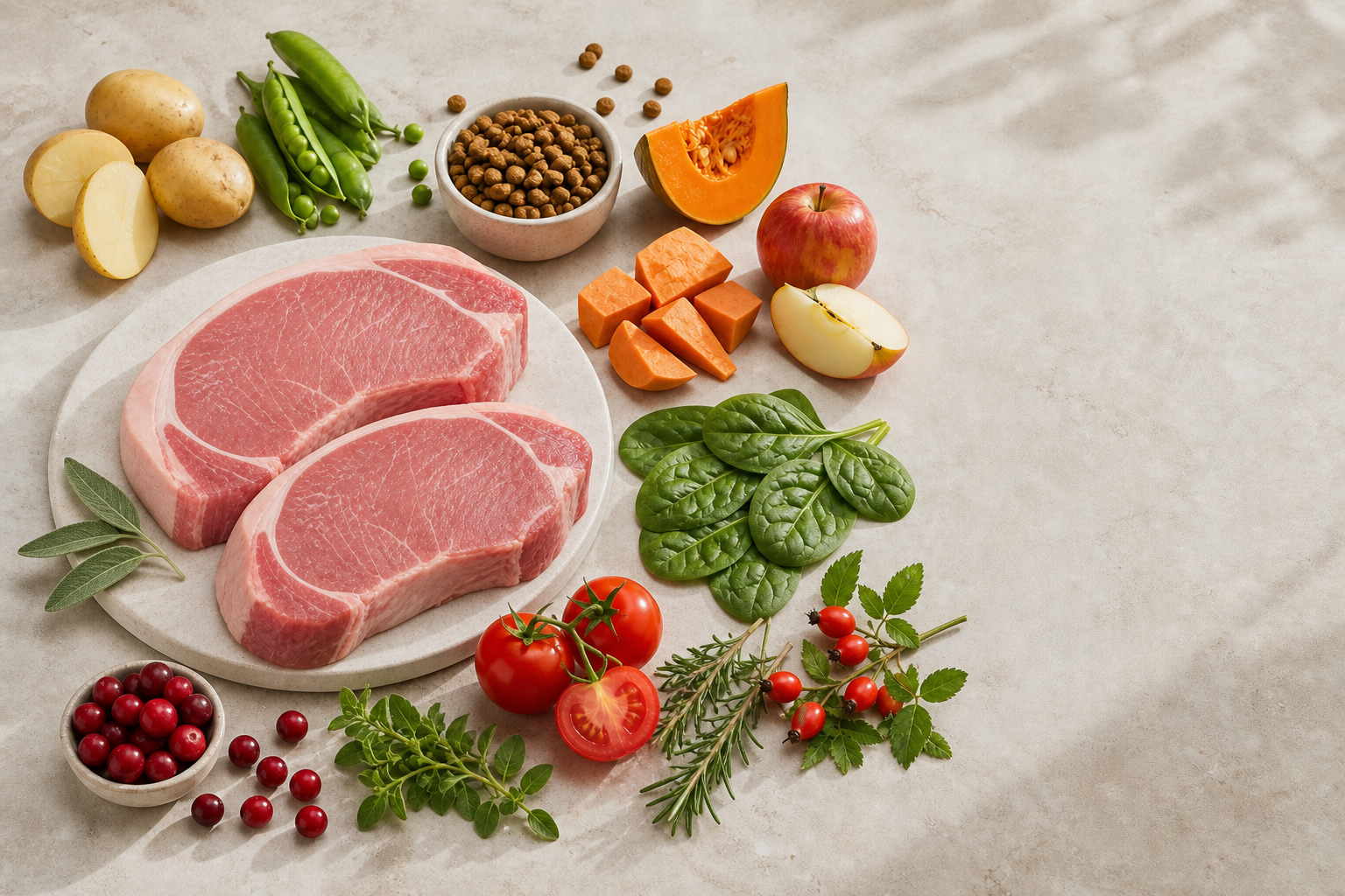 Hlavné suroviny receptúry Oasy Grain Free Adult Medium/Large Pork – granule pre psy